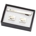 2 Tone Silver Metal Cufflinks w/ Matching Tie Clip